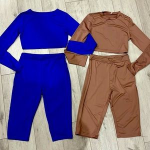 Two piece bundle! Tan and blue, stretchy spandex material.